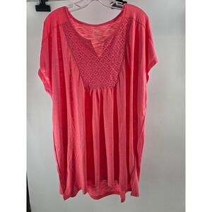 Just My Size Women 3X Coral Pink Crochet Lace Bib Slub Knit Tunic Top OJ248